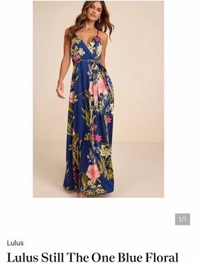 Lulu's Navy Blue Floral Wrap Maxi Dress with Pink & Green Accents